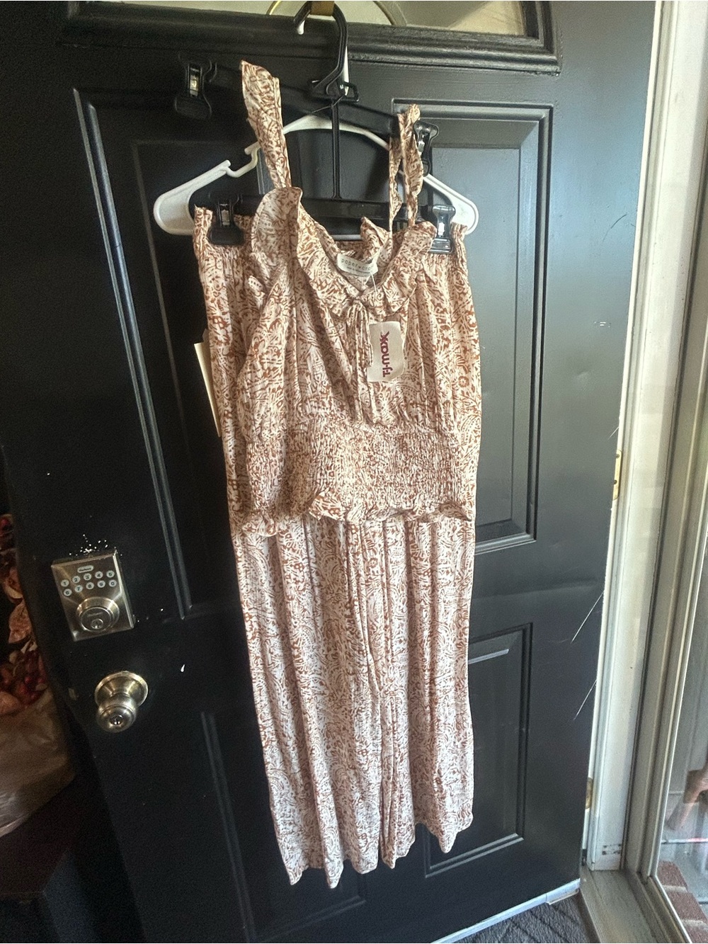 Paper Crane Cream and Brown Floral Smocked Jumpsuit with Adjustable Ties